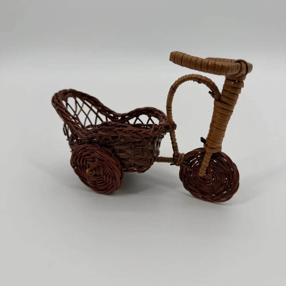 Miniature Wicker Tricycle Basket Plant Holder Brown Woven Rattan Decor 4x5 Inch